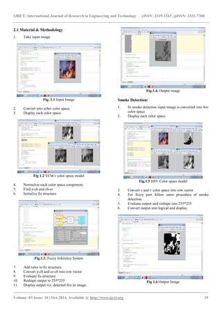 IJRET: International Journal of Research in Engineering and Technology eISSN: 2319-1163 | pISSN: 2321-7308
_______________________________________________________________________________________
Volume: 03 Issue: 10 | Oct-2014, Available @ http://www.ijret.org 39
2.1 Material & Methodology
1. Take input image
Fig. 1.1 Input Image
2. Convert into ycbcr color space.
3. Display each color space.
Fig 1.2 YCbCr color space model
4. Normalize each color space component.
5. Find y-cb and cb-cr
6. Initialize fis structure.
Fig.1.3. Fuzzy Inference System
7. Add rules to fis structure.
8. Convert y-cb and cr-cb into row vector
9. Evaluate fis structure
10. Reshape output to 255*255
11. Display output viz. detected fire in image.
Fig.1.4. Output image
Smoke Detection:
1. In smoke detection input image is converted into hsv
color space.
2. Display each color space.
Fig.1.5 HSV Color space model
3. Convert s and v color space into row vector
4. For fuzzy part follow same procedure of smoke
detection.
5. Evaluate output and reshape into 255*255
6. Convert output into logical and display.
Fig 1.6 Output Image
 