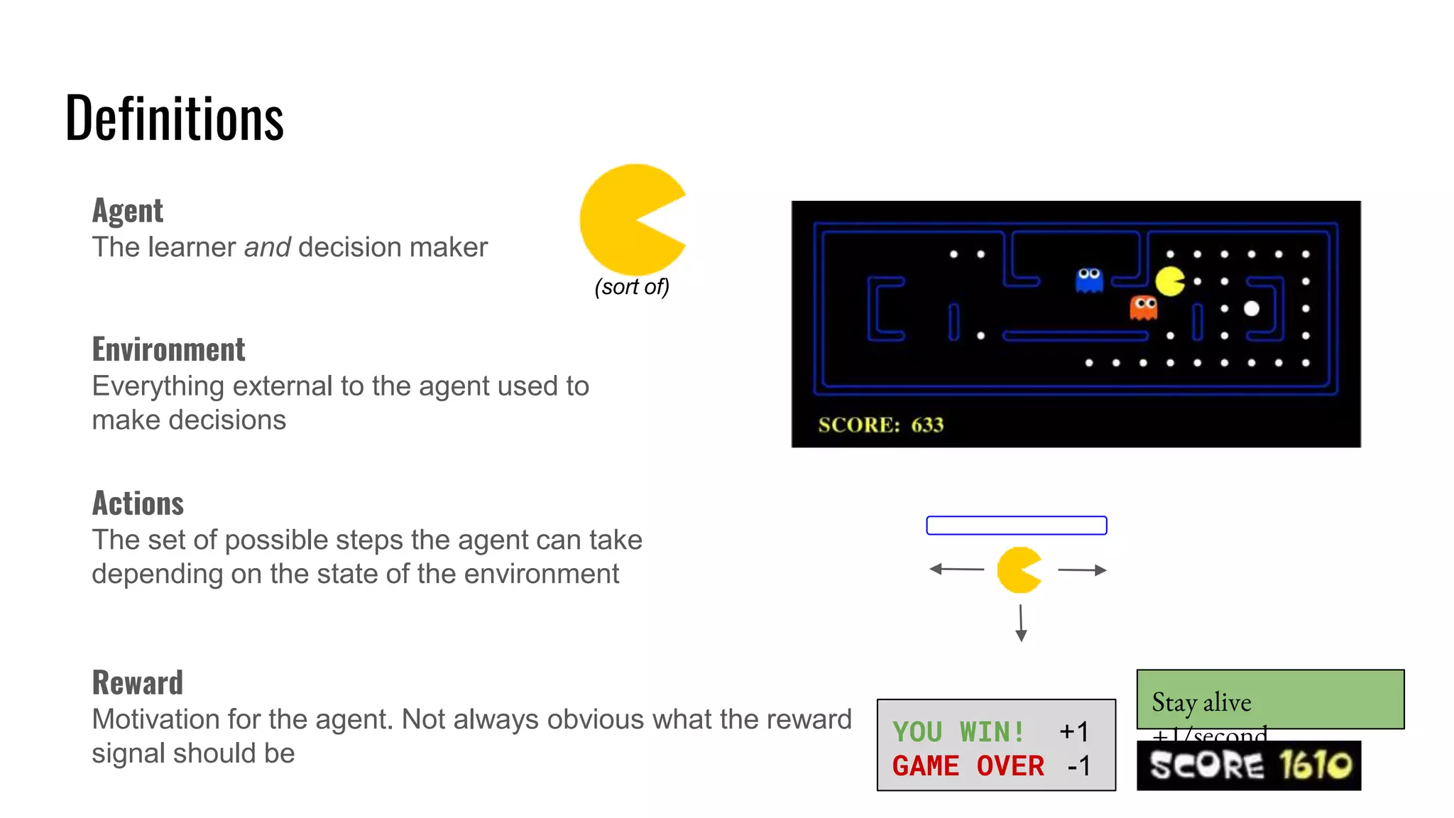 Definitions
Reward
Motivation for the agent. Not always obvious what the reward
signal should be
YOU WIN! +1
GAME OVER -1
Stay alive
+1/second
(sort of)
Agent
The learner and decision maker
Environment
Everything external to the agent used to
make decisions
Actions
The set of possible steps the agent can take
depending on the state of the environment
 