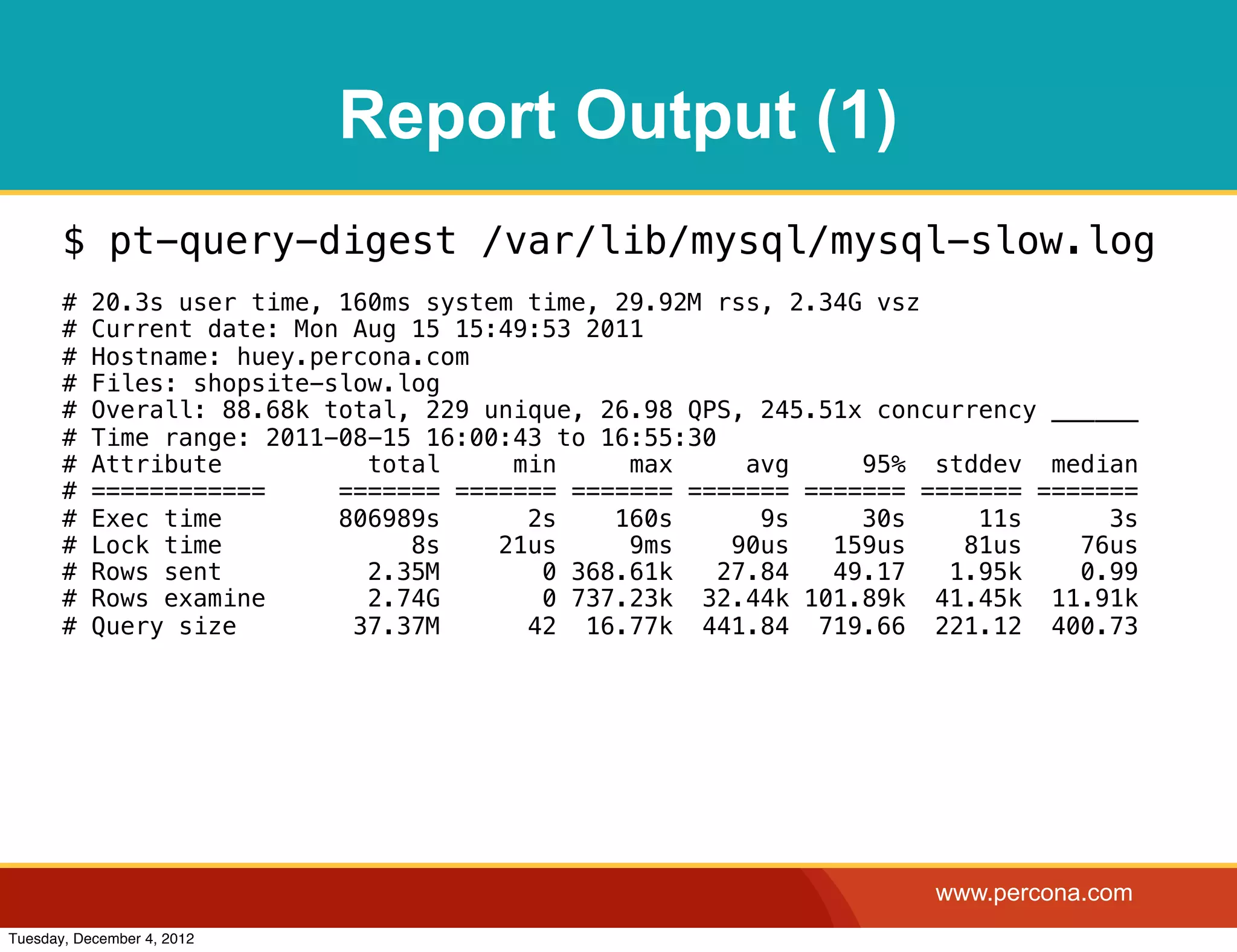 Report Output (1)
       $ pt-query-digest /var/lib/mysql/mysql-slow.log
       #   20.3s user time, 160ms system time, 29.92M rss, 2.34G vsz
       #   Current date: Mon Aug 15 15:49:53 2011
       #   Hostname: huey.percona.com
       #   Files: shopsite-slow.log
       #   Overall: 88.68k total, 229 unique, 26.98 QPS, 245.51x concurrency ______
       #   Time range: 2011-08-15 16:00:43 to 16:55:30
       #   Attribute          total     min     max      avg    95% stddev median
       #   ============     ======= ======= ======= ======= ======= ======= =======
       #   Exec time        806989s      2s    160s       9s    30s     11s      3s
       #   Lock time             8s    21us     9ms     90us  159us    81us    76us
       #   Rows sent          2.35M       0 368.61k    27.84  49.17   1.95k    0.99
       #   Rows examine       2.74G       0 737.23k 32.44k 101.89k 41.45k 11.91k
       #   Query size        37.37M      42 16.77k 441.84 719.66 221.12 400.73




                                                                     www.percona.com
Tuesday, December 4, 2012
 