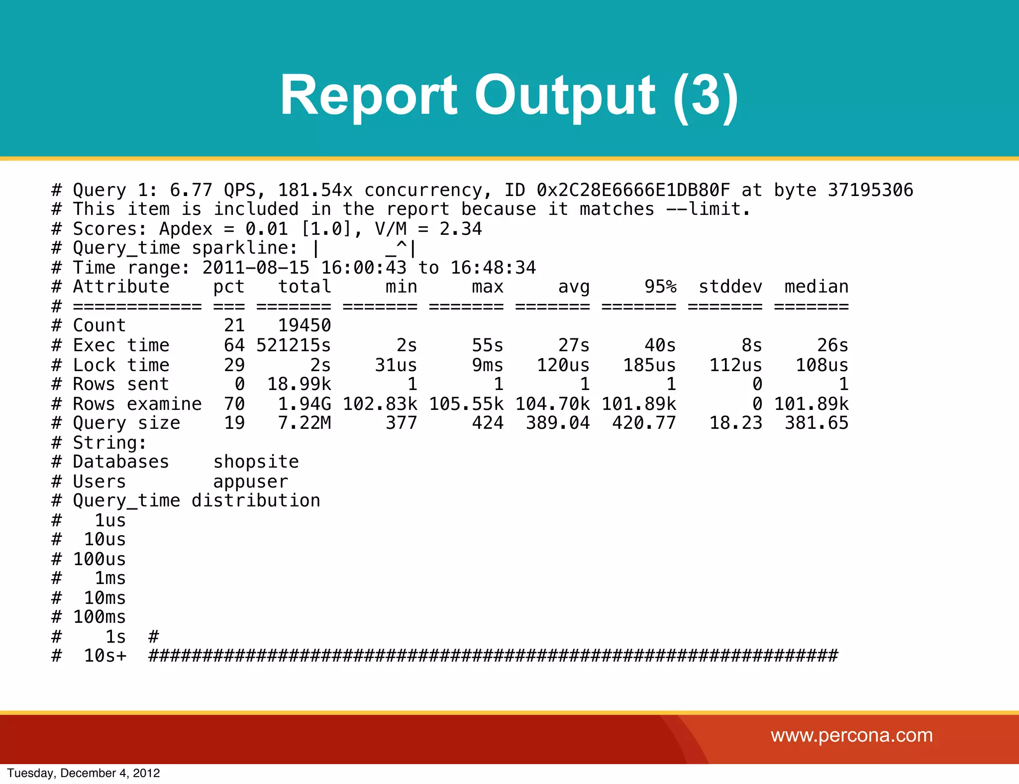 Report Output (3)
       #   Query 1: 6.77 QPS, 181.54x concurrency, ID 0x2C28E6666E1DB80F at byte 37195306
       #   This item is included in the report because it matches --limit.
       #   Scores: Apdex = 0.01 [1.0], V/M = 2.34
       #   Query_time sparkline: |      _^|
       #   Time range: 2011-08-15 16:00:43 to 16:48:34
       #   Attribute    pct   total     min     max      avg    95% stddev median
       #   ============ === ======= ======= ======= ======= ======= ======= =======
       #   Count         21   19450
       #   Exec time     64 521215s      2s     55s      27s    40s      8s      26s
       #   Lock time     29      2s    31us     9ms    120us  185us   112us    108us
       #   Rows sent      0 18.99k        1       1        1      1        0       1
       #   Rows examine 70    1.94G 102.83k 105.55k 104.70k 101.89k        0 101.89k
       #   Query size    19   7.22M     377     424 389.04 420.77     18.23 381.65
       #   String:
       #   Databases    shopsite
       #   Users        appuser
       #   Query_time distribution
       #     1us
       #    10us
       #   100us
       #     1ms
       #    10ms
       #   100ms
       #      1s #
       #    10s+ ################################################################



                                                                           www.percona.com
Tuesday, December 4, 2012
 