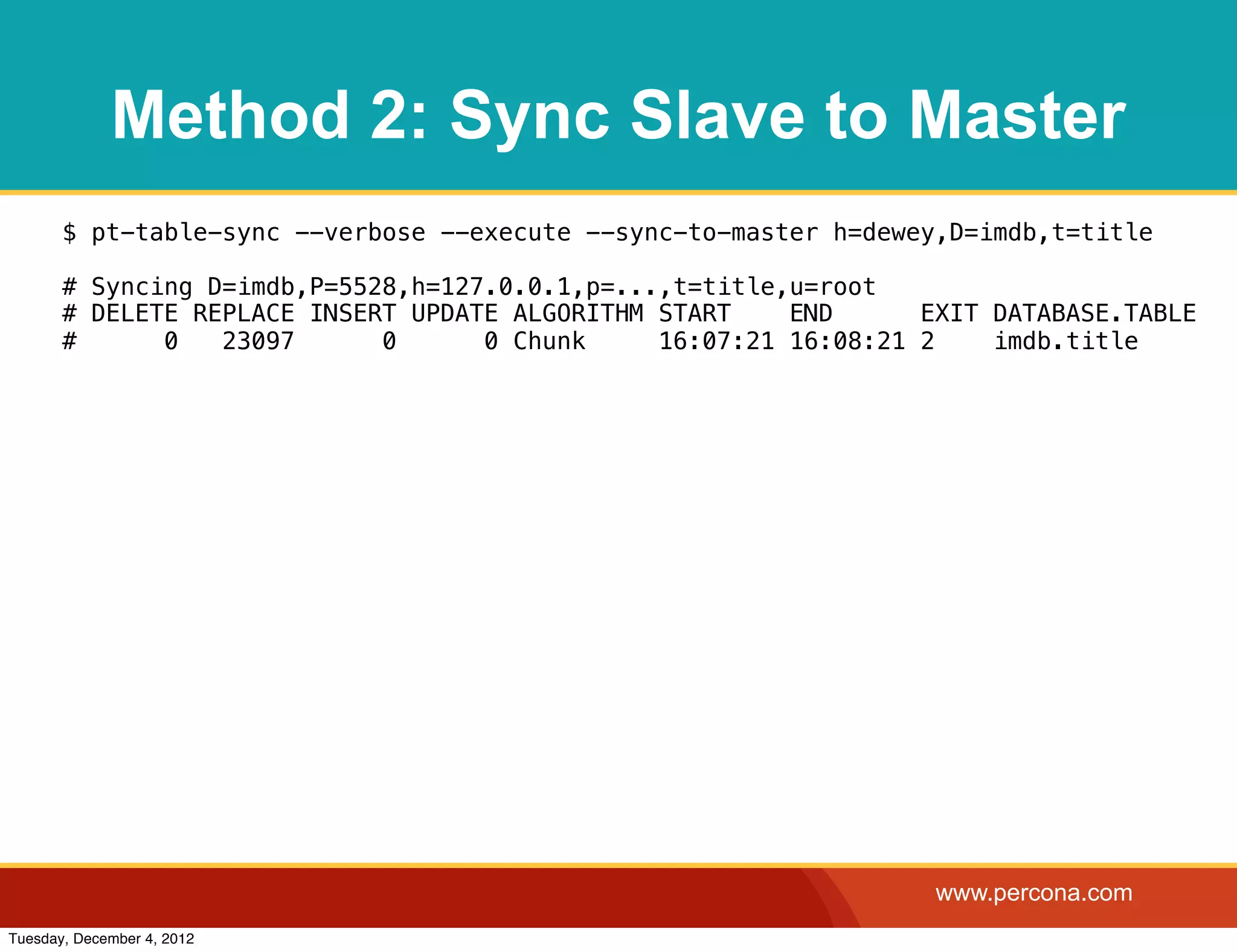 Method 2: Sync Slave to Master
       $ pt-table-sync --verbose --execute --sync-to-master h=dewey,D=imdb,t=title

       # Syncing D=imdb,P=5528,h=127.0.0.1,p=...,t=title,u=root
       # DELETE REPLACE INSERT UPDATE ALGORITHM START    END      EXIT DATABASE.TABLE
       #      0   23097      0      0 Chunk     16:07:21 16:08:21 2    imdb.title




                                                                   www.percona.com
Tuesday, December 4, 2012
 