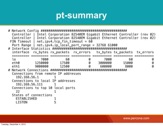 pt-summary
       # Network Config #############################################
         Controller | Intel Corporation 82540EM Gigabit Ethernet Controller (rev 02)
         Controller | Intel Corporation 82540EM Gigabit Ethernet Controller (rev 02)
        FIN Timeout | net.ipv4.tcp_fin_timeout = 60
         Port Range | net.ipv4.ip_local_port_range = 32768 61000
       # Interface Statistics #######################################
         interface rx_bytes rx_packets rx_errors     tx_bytes tx_packets tx_errors
         ========= ========= ========== ========== ========== ========== ==========
         lo              7000        60          0       7000         60          0
         eth0         1250000     17500          0    3000000      15000          0
         eth1         9000000     12500          0     600000       8000          0
       # Network Connections ########################################
         Connections from remote IP addresses
            192.168.56.1       1
         Connections to local IP addresses
            192.168.56.111     1
         Connections to top 10 local ports
            22                 1
         States of connections
            ESTABLISHED        1
            LISTEN             5



                                                                   www.percona.com
Tuesday, December 4, 2012
 