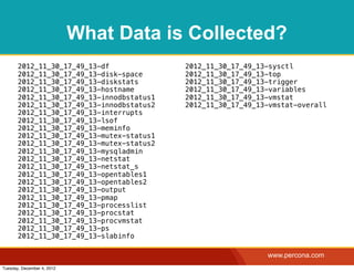 What Data is Collected?
       2012_11_30_17_49_13-df              2012_11_30_17_49_13-sysctl
       2012_11_30_17_49_13-disk-space      2012_11_30_17_49_13-top
       2012_11_30_17_49_13-diskstats       2012_11_30_17_49_13-trigger
       2012_11_30_17_49_13-hostname        2012_11_30_17_49_13-variables
       2012_11_30_17_49_13-innodbstatus1   2012_11_30_17_49_13-vmstat
       2012_11_30_17_49_13-innodbstatus2   2012_11_30_17_49_13-vmstat-overall
       2012_11_30_17_49_13-interrupts
       2012_11_30_17_49_13-lsof
       2012_11_30_17_49_13-meminfo
       2012_11_30_17_49_13-mutex-status1
       2012_11_30_17_49_13-mutex-status2
       2012_11_30_17_49_13-mysqladmin
       2012_11_30_17_49_13-netstat
       2012_11_30_17_49_13-netstat_s
       2012_11_30_17_49_13-opentables1
       2012_11_30_17_49_13-opentables2
       2012_11_30_17_49_13-output
       2012_11_30_17_49_13-pmap
       2012_11_30_17_49_13-processlist
       2012_11_30_17_49_13-procstat
       2012_11_30_17_49_13-procvmstat
       2012_11_30_17_49_13-ps
       2012_11_30_17_49_13-slabinfo

                                                              www.percona.com
Tuesday, December 4, 2012
 