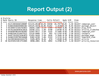 Report Output (2)
# Profile
# Rank Query ID             Response time       Calls R/Call     Apdx V/M     Item
# ==== ==================   =================   ===== ========   ==== =====   ====
#    1 0x2C28E6666E1DB80F   521215.0518 64.6%   19450 26.7977    0.01 2.34    SELECT   campaign_user
#    2 0xBAC856B3ED9D6303   145125.9331 18.0%   43282   3.3530   0.44 0.45    SELECT   package_object
#    3 0x39997372657D28E2    16694.7209 2.1%     1705   9.7916   0.06 9.10    SELECT   plug_form
#    4 0x3523ACB26E4C481A    14598.2371 1.8%     4740   3.0798   0.43 0.54    SELECT   article_slideshow
#    5 0xA69DF0D16A7026B2    12565.8977 1.6%     1316   9.5486   0.03 1.48    SELECT   campaign_user
#    6 0xB8356E351A6FFD21    12116.0409 1.5%      995 12.1769    0.02 1.58    SELECT   category
#    7 0x8F72E45EC91BC0F9    11491.9428 1.4%     3436   3.3446   0.39 0.66    SELECT   package_page
#    8 0x601559979824AADB     8302.8338 1.0%     2324   3.5726   0.41 0.44    SELECT   template_item
#    9 0xCEB19656E4165CFD     5189.4078 0.6%      678   7.6540   0.05 1.31    SELECT   article
#   10 0xCE5EE218C3751804     4890.2081 0.6%     1094   4.4700   0.27 1.18    SELECT   article_resources




                                                                              www.percona.com
Tuesday, December 4, 2012
 