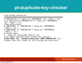 pt-duplicate-key-checker
       # Db.system_transaction
       #############################################################
       # FOREIGN KEY A (`table_id`) REFERENCES `Db`.`table` (`id`)
       is a duplicate of FOREIGN KEY B (`table_id`) REFERENCES
       `Db`.`table` (`id`)
       # Key definitions:
       # CONSTRAINT `A` FOREIGN KEY (`table_id`) REFERENCES
       `table` (`id`)
       # CONSTRAINT `B` FOREIGN KEY (`table_id`) REFERENCES
       `table` (`id`)
       # Column types:
       #! `table_id` bigint(20) default null
       # To remove this duplicate foreign key, execute:
       ALTER TABLE `Db`.`system_transaction` DROP FOREIGN KEY `A`;
       # MySQL uses the A index for this foreign key constraint




                                                                   www.percona.com
Tuesday, December 4, 2012
 