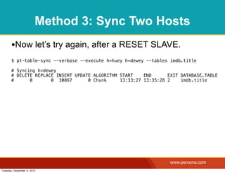 Method 3: Sync Two Hosts
       •Now let’s try again, after a RESET SLAVE.
       $ pt-table-sync --verbose --execute h=huey h=dewey --tables imdb.title

       # Syncing h=dewey
       # DELETE REPLACE INSERT UPDATE ALGORITHM START    END      EXIT DATABASE.TABLE
       #      0       0 30867       0 Chunk     13:33:27 13:35:28 2    imdb.title




                                                                   www.percona.com
Tuesday, December 4, 2012
 