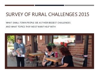 SURVEY OF RURAL CHALLENGES 2015
WHAT SMALL TOWN PEOPLE SEE AS THEIR BIGGEST CHALLENGES
AND WHAT TOPICS THEY MOST WANT HELP WITH
 