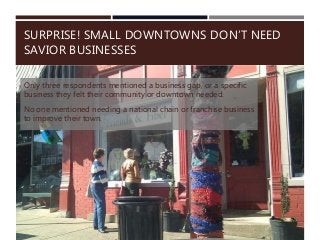 SURPRISE! SMALL DOWNTOWNS DON’T NEED
SAVIOR BUSINESSES
Only three respondents mentioned a business gap, or a specific
business they felt their community or downtown needed.
No one mentioned needing a national chain or franchise business
to improve their town.
 