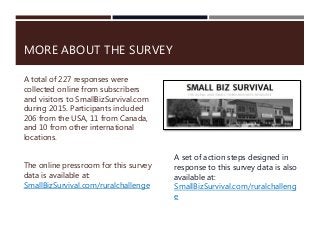 MORE ABOUT THE SURVEY
A total of 227 responses were
collected online from subscribers
and visitors to SmallBizSurvival.com
during 2015. Participants included
206 from the USA, 11 from Canada,
and 10 from other international
locations.
The online pressroom for this survey
data is available at:
SmallBizSurvival.com/ruralchallenge
A set of action steps designed in
response to this survey data is also
available at:
SmallBizSurvival.com/ruralchalleng
e
 