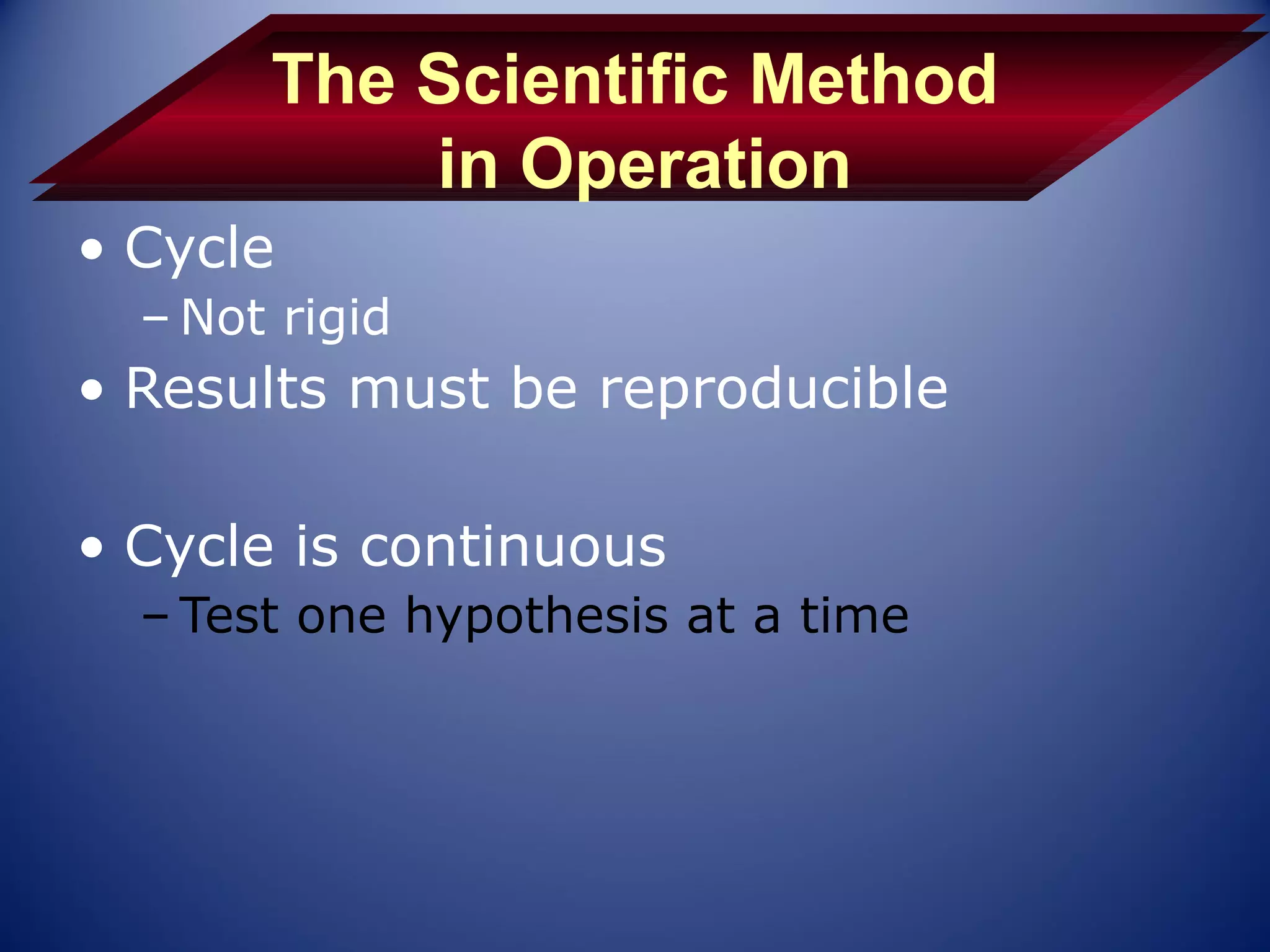 The Scientific Method
           in Operation
• Cycle
  – Not rigid
• Results must be reproducible

• Cycle is continuous
  – Test one hypothesis at a time
 