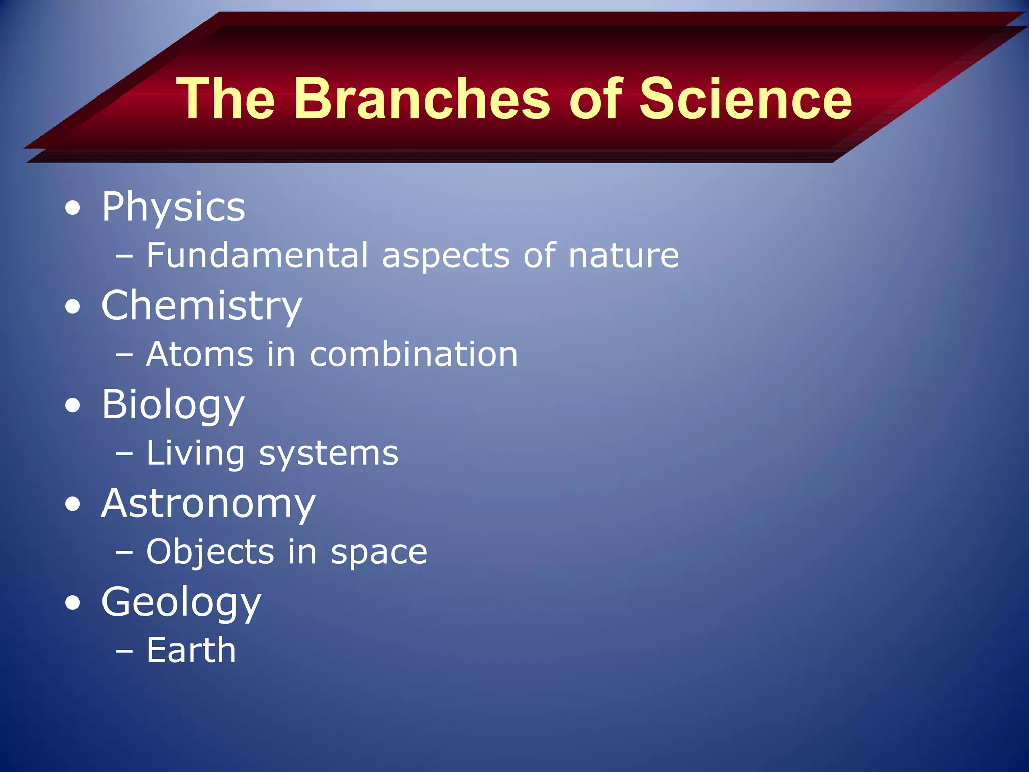 The Branches of Science
• Physics
  – Fundamental aspects of nature
• Chemistry
  – Atoms in combination
• Biology
  – Living systems
• Astronomy
  – Objects in space
• Geology
  – Earth
 