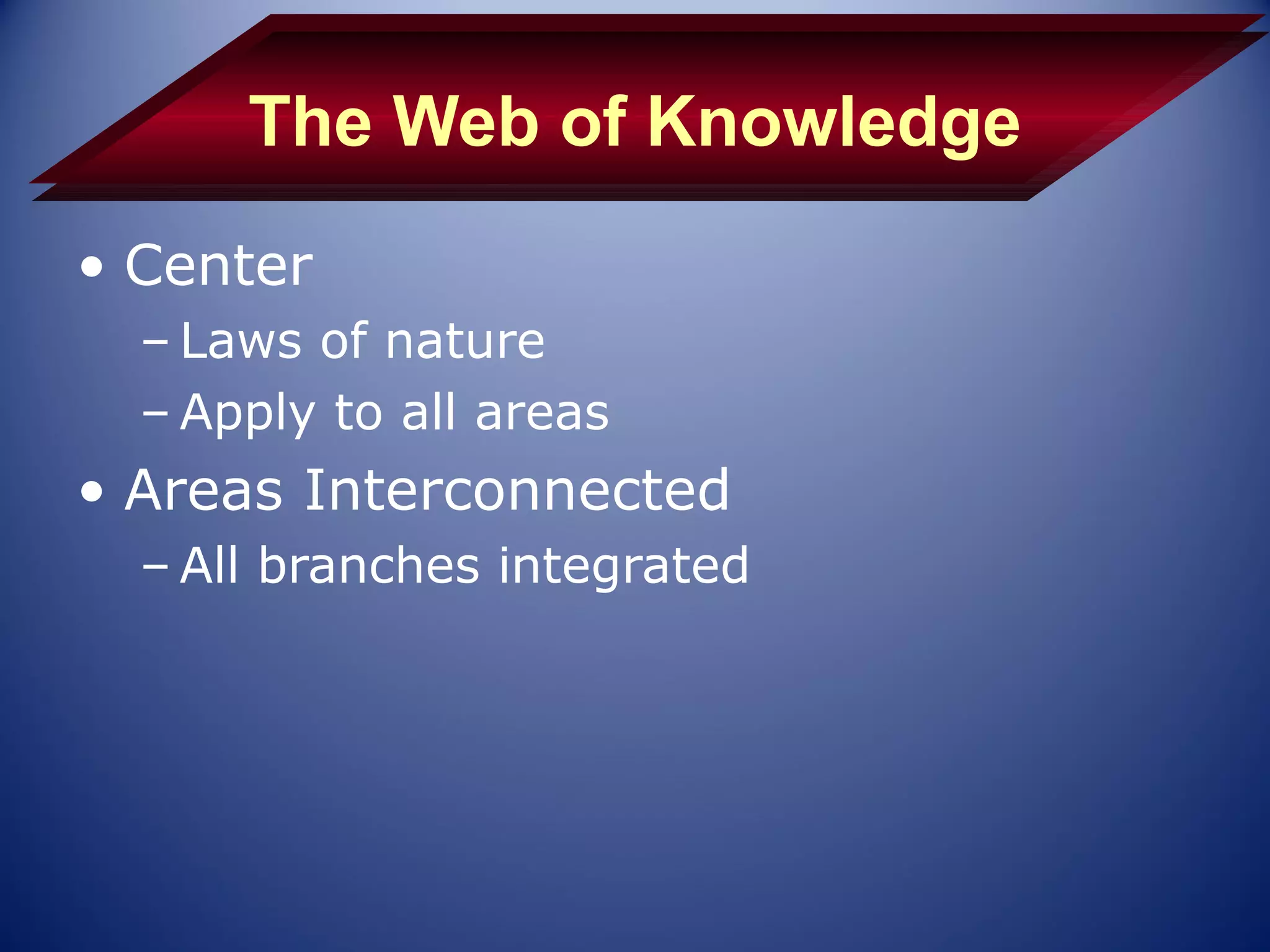 The Web of Knowledge
• Center
  – Laws of nature
  – Apply to all areas
• Areas Interconnected
  – All branches integrated
 
