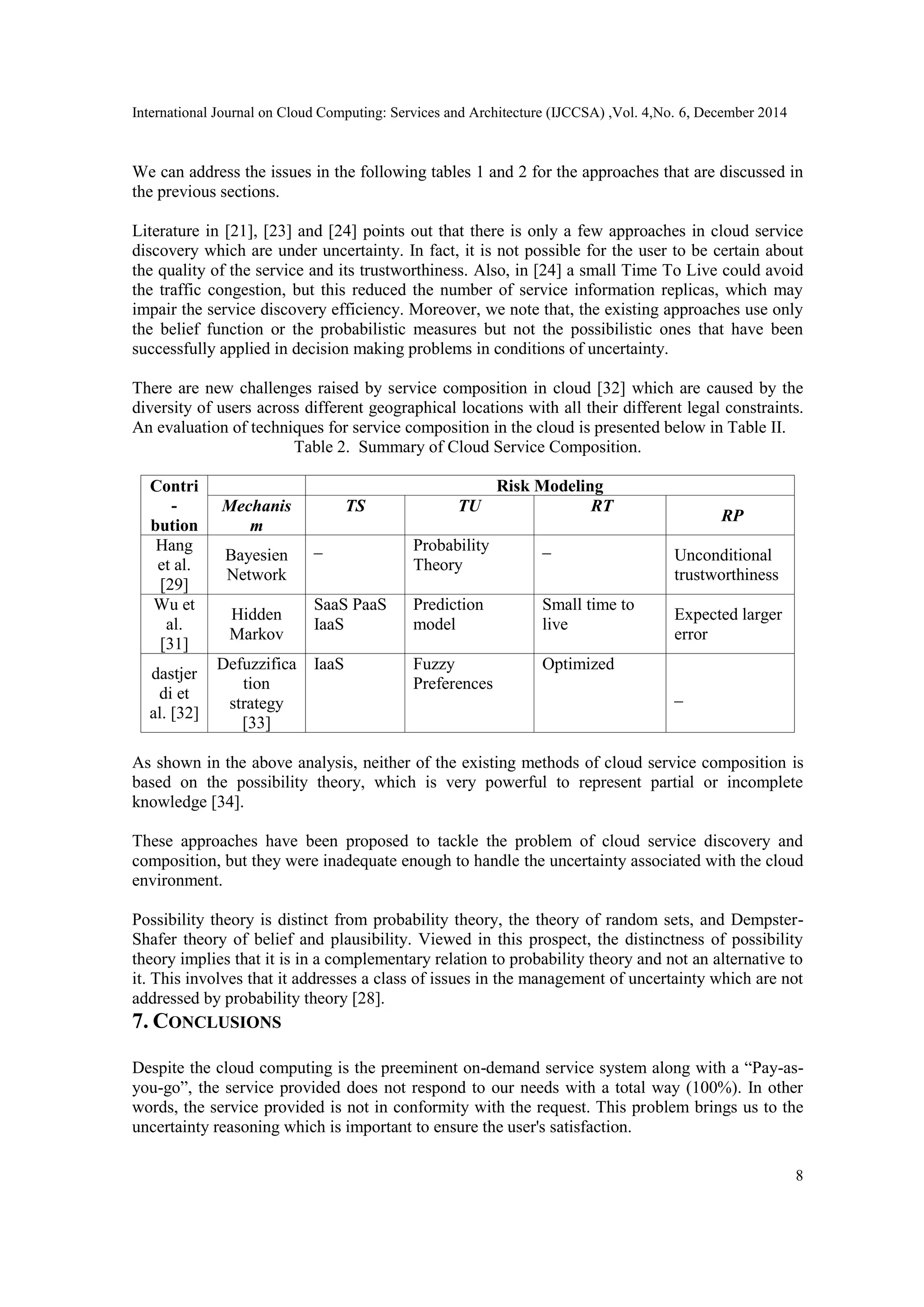 International Journal on Cloud Computing: Services and Architecture (IJCCSA) ,Vol. 4,No. 6, December 2014
8
We can address the issues in the following tables 1 and 2 for the approaches that are discussed in
the previous sections.
Literature in [21], [23] and [24] points out that there is only a few approaches in cloud service
discovery which are under uncertainty. In fact, it is not possible for the user to be certain about
the quality of the service and its trustworthiness. Also, in [24] a small Time To Live could avoid
the traffic congestion, but this reduced the number of service information replicas, which may
impair the service discovery efficiency. Moreover, we note that, the existing approaches use only
the belief function or the probabilistic measures but not the possibilistic ones that have been
successfully applied in decision making problems in conditions of uncertainty.
There are new challenges raised by service composition in cloud [32] which are caused by the
diversity of users across different geographical locations with all their different legal constraints.
An evaluation of techniques for service composition in the cloud is presented below in Table II.
Table 2. Summary of Cloud Service Composition.
Contri
-
bution
Risk Modeling
Mechanis
m
TS TU RT
RP
Hang
et al.
[29]
Bayesien
Network
_ Probability
Theory
_
Unconditional
trustworthiness
Wu et
al.
[31]
Hidden
Markov
SaaS PaaS
IaaS
Prediction
model
Small time to
live
Expected larger
error
dastjer
di et
al. [32]
Defuzzifica
tion
strategy
[33]
IaaS Fuzzy
Preferences
Optimized
_
As shown in the above analysis, neither of the existing methods of cloud service composition is
based on the possibility theory, which is very powerful to represent partial or incomplete
knowledge [34].
These approaches have been proposed to tackle the problem of cloud service discovery and
composition, but they were inadequate enough to handle the uncertainty associated with the cloud
environment.
Possibility theory is distinct from probability theory, the theory of random sets, and Dempster-
Shafer theory of belief and plausibility. Viewed in this prospect, the distinctness of possibility
theory implies that it is in a complementary relation to probability theory and not an alternative to
it. This involves that it addresses a class of issues in the management of uncertainty which are not
addressed by probability theory [28].
7. CONCLUSIONS
Despite the cloud computing is the preeminent on-demand service system along with a “Pay-as-
you-go”, the service provided does not respond to our needs with a total way (100%). In other
words, the service provided is not in conformity with the request. This problem brings us to the
uncertainty reasoning which is important to ensure the user's satisfaction.
 
