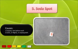 Causes:
1.Soaping start before wash
2.CaCO3 or MgCO3 in soaping bath.
 