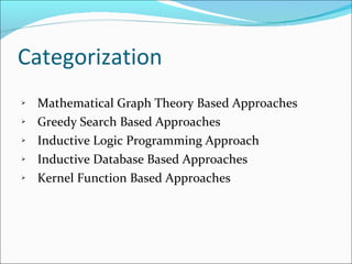 Categorization Mathematical Graph Theory Based Approaches  Greedy Search Based Approaches Inductive Logic Programming Approach Inductive Database Based Approaches Kernel Function Based Approaches 