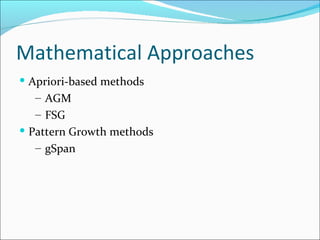 Mathematical Approaches  Apriori-based methods AGM FSG Pattern Growth methods gSpan 