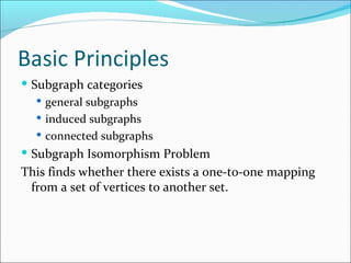 Basic Principles Subgraph categories general subgraphs induced subgraphs connected subgraphs Subgraph Isomorphism Problem This finds whether there exists a one-to-one mapping from a set of vertices to another set.  