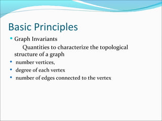 Basic Principles Graph Invariants Quantities to characterize the topological  structure of a graph number vertices,  degree of each vertex number of edges connected to the vertex 