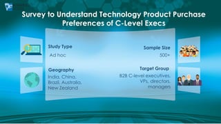 Survey to Understand Technology Product Purchase
Preferences of C-Level Execs
Study Type
Geography
Sample Size
Target Group
Ad hoc
India, China,
Brazil, Australia,
New Zealand
500+
B2B C-level executives,
VPs, directors,
managers
 