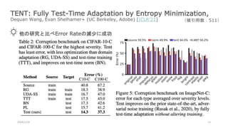 TENT: Fully Test-Time Adaptation by Entropy Minimization,
Dequan Wang, Evan Shelhamer+ (UC Berkeley, Adobe) [ICLR’21]
2024/1/24 13
他の研究と比べError Rateの減少に成功
（被引用数：511）
 