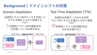 Background｜ドメインシフトの対策
Domain Adaptation Test Time Adaptation (TTA)
Adaptation
＆
Test
Source
data
Target
data
Train Time Test Time
訓練時にテスト時のデータを利用して
モデルを適応しながら訓練する
訓練時にテスト時の撮影状況
を把握している必要がある
訓練時は訓練データのみを利用
テスト時にモデルを適応しながら推論
訓練時にテスト時の撮影状況
を知る必要がない
撮影状況の変化
Training
&
Adaptation
Source
data
Target
data
Test
Train Time Test Time 撮影状況の変化
2024/1/24 4
 