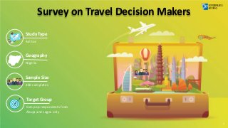 1
Survey on Travel Decision Makers
Study Type
Ad hoc
Geography
Nigeria
Sample Size
200 completes
Target Group
Gen pop respondents from
Abuja and Lagos only
 