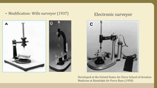 • Modification- Wills surveyor (1937) Electronic surveyor
Developed at the United States Air Force School of Aviation
Medicine at Randolph Air Force Base (1958)
 