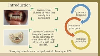 Introduction
Systematic
designing
Mechanical
principles
Biological
principles
asymmetrical
clusters of teeth that
usually lack
parallelism
crowns of these are
irregularly convex in
shape separated by
areas of residual ridge
of varied length and
breadth.
Surveying procedure - an integral part of planning an RPD
 