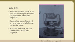BASIC TILTS
• The basic position or tilt of the
cast on the surveyor should be
the horizontal tilt or zero
degree tilt.
• Occlusal surfaces of the teeth
are at or nearly parallel to the
horizontal plane.
• Standard reference position
from which further tilts
originate
Horizontal tilt or zero degree tilt.
 