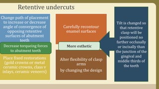 Retentive undercuts
Change path of placement
to increase or decrease
angle of convergence of
opposing retentive
surfaces of abutment
teeth
Carefully recontour
enamel surfaces
Place fixed restorations
(gold crowns or metal
ceramic crowns, class v
inlays, ceramic veneers)
Alter flexibility of clasp
arms
by changing the design
Tilt is changed so
that retentive
clasp will be
positioned no
farther occlusally
or incisally than
the junction of the
gingival and
middle thirds of
the teeth
More estheticDecrease torqueing forces
to abutment teeth
 