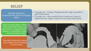 RELIEF
• 32 gauge wax – if slope of lingual alveolar ridge is parallel to
path of placement
• 32 gauge wax – after parallel block of undercut if slope of
lingiual alveolar ridge is undercut to the path of placement
Beneath lingual bar
connectors/bar portion of lingual
plates
• Thin layer flowed on with hot wax spatula
• If maxillary torus s covered; thickness depands on difference in
degree of displacement of tissues
Areas in which major connectors
will contact thin tissue, such as
hard areas so frequently found on
lingual or mandibular ridges and
elevated palatal raphes
• 20 gauge waxBeneath framework extensions
on to ridge areas for attachment
of resin bases
 