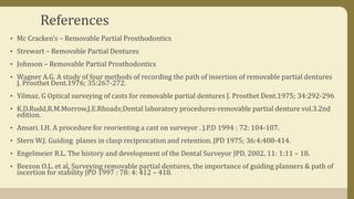 References
• Mc Cracken’s – Removable Partial Prosthodontics
• Strewart – Removable Partial Dentures
• Johnson – Removable Partial Prosthodontics
• Wagner A.G. A study of four methods of recording the path of insertion of removable partial dentures
J. Prosthet Dent.1976; 35:267-272.
• Yilmaz. G Optical surveying of casts for removable partial dentures J. Prosthet Dent.1975; 34:292-296
• K.D.Rudd,R.M.Morrow,J.E.Rhoads;Dental laboratory procedures-removable partial denture vol.3.2nd
edition.
• Ansari. I.H. A procedure for reorienting a cast on surveyor . J.P.D 1994 : 72: 104-107.
• Stern W.J. Guiding planes in clasp reciprocation and retention. JPD 1975; 36:4:408-414.
• Engelmeier R.L. The history and development of the Dental Surveyor JPD, 2002, 11: 1:11 – 18.
• Beezon O.L. et al, Surveying removable partial dentures, the importance of guiding planners & path of
incertion for stability JPD 1997 : 78: 4: 412 – 418.
 