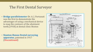 The First Dental Surveyor
• Bridge parallelometer-Dr. A. J. Fortunati
was the first to demonstrate the
advantages of using a mechanical device
to map the contours of the abutment
teeth.(1918) at dental clinic Boston
• Stanton-Hanau Dental surveying
apparatus, patented in 1917
(Discontinued)
 