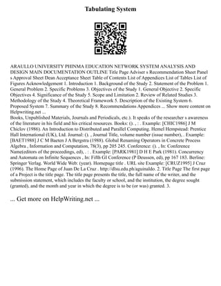 Tabulating System
ARAULLO UNIVERSITY PHINMA EDUCATION NETWORK SYSTEM ANALYSIS AND
DESIGN MAIN DOCUMENTATION OUTLINE Title Page Adviser s Recommendation Sheet Panel
s Approval Sheet Dean Acceptance Sheet Table of Contents List of Appendices List of Tables List of
Figures Acknowledgement 1. Introduction 1. Background of the Study 2. Statement of the Problem 1.
General Problem 2. Specific Problems 3. Objectives of the Study 1. General Objective 2. Specific
Objectives 4. Significance of the Study 5. Scope and Limitation 2. Review of Related Studies 3.
Methodology of the Study 4. Theoretical Framework 5. Description of the Existing System 6.
Proposed System 7. Summary of the Study 8. Recommendations Appendices ... Show more content on
Helpwriting.net ...
Books, Unpublished Materials, Journals and Periodicals, etc.). It speaks of the researcher s awareness
of the literature in his field and his critical resources. Books: (). , : . Example: [CHIC1986] J M
Chiclov (1986). An Introduction to Distributed and Parallel Computing. Hemel Hempstead: Prentice
Hall International (UK), Ltd. Journal: (). , Journal Title, volume number (issue number), . Example:
[BAET1988] J C M Baeten J A Bergstra (1988). Global Renaming Operators in Concrete Process
Algebra , Information and Computation, 78(3), pp 205 245. Conference: (). , In: Conference
Name(editors of the proceedings, ed), . : . Example: [PARK1981] D H E Park (1981). Concurrency
and Automata on Infinite Sequences , In: Fifth GI Conference (P Deussen, ed), pp 167 183. Berline:
Springer Verlag. World Wide Web: (year). Homepage title . URL site Example: [CRUZ1995] J Cruz
(1996). The Home Page of Juan De La Cruz . http://dlsu.edu.ph/aguinaldo. 2. Title Page The first page
of a Project is the title page. The title page presents the title, the full name of the writer, and the
submission statement, which includes the faculty or school, and the institution, the degree sought
(granted), and the month and year in which the degree is to be (or was) granted. 3.
... Get more on HelpWriting.net ...
 