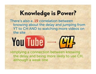 Knowledge is Power?
There’s also a .19 correlation between
  knowing about the delay and jumping from
  YT to CH AND to watching more videos on
  the site




>Implying a connection between knowing
  the delay and being more likely to use CH,
  although a weak one
 