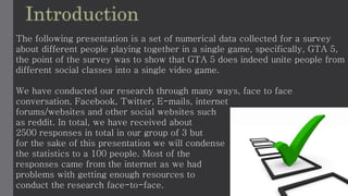 The following presentation is a set of numerical data collected for a survey 
about different people playing together in a single game, specifically, GTA 5, 
the point of the survey was to show that GTA 5 does indeed unite people from 
different social classes into a single video game. 
We have conducted our research through many ways, face to face 
conversation, Facebook, Twitter, E-mails, internet 
forums/websites and other social websites such 
as reddit. In total, we have received about 
2500 responses in total in our group of 3 but 
for the sake of this presentation we will condense 
the statistics to a 100 people. Most of the 
responses came from the internet as we had 
problems with getting enough resources to 
conduct the research face-to-face. 
 