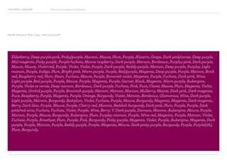 COLOURFUL LANGUAGE Major Project Survey Results Presentation
Elderberry, Deep purple-pink, Pinky/purple, Maroon, Mauve, Plum, Purple, Alizarin, Grape, Dark pink/cerise, Deep purple,
Mid magenta, Pinky purple, Purple-fuchsia, Mauve raspberry, Dark purple, Maroon, Bordeaux, Purpley pink, Dark purple,
Mauve, Mauve, Violet-red, Purple, Violet, Violet, Purple, Dark purple, Reddy-purple, Maroon, Deep purple, Purpley, Light
maroon, Purple, Indigo, Plum, Bright pink, Warm purple, Purple, Red/purple, Magenta, Deep purple, Purple, Maroon, Brick
red, Raspberry red, Plum, Pawn, Fuchsia, Mauve, Purple, Brownish violet, Magenta, Purple, Fuchsia, Dark pink, Wine,
Light purple, Red purple, Purple, Mauve, Purple, Magenta, Purple, Garnet, Black, Magenta, Warm purple, Aubergine,
Purple, Violet or cerise, Deep maroon, Bordeaux, Dark purple, Fuchsia, Pink, Puce, Claret, Mauve, Plum, Magenta, Violet,
Magenta, Orchid purple, Purple, Brownish purple, Maroon, Maroon, Maroon, Mulberry, Mauve, Dark pink, Dark magenta,
Puce, Raspberry, Purple, Magenta, Purple, Orange, Burgundy, Violet, Maroon, Bordeaux, Glamorous, Wine, Dark purple,
Light purple, Maroon, Burgundy, Red-plum, Violet, Fuchsia, Purple, Mauve, Burgundy, Magenta, Magenta, Dark magenta,
Berry, Dark lilac, Purple, Mauve, Purple, Cherry red, Maroon, Reddish burgundy, Dark pink, Plum, Purple, Purple, Dark
pink/red wine, Fuchsia, Fuchsia, Violet, Purple, Wine, Berry, V. Dark purple, Damson, Maroon, Aubergine, Mauve, Purple,
Maroon, Purple, Mauve, Burgundy, Aubergine, Plum, Purpley maroon, Purple, Wine red, Magenta, Purple, Maroon, Violet,
Fuchsia, Purple, Amethyst, Plum, Purple, Pink, Burgundy, Pinky purple, Magenta, Violet, Purple, Aubergine, Magenta, Dark
purple, Purple, Maroon, Purple, Reddy purple, Purple, Magenta, Mauve, Dark pinky purple, Burgundy, Purple, Purple(ish),
Plum, Burgundy.
WHAT WOULD YOU CALL THIS COLOUR?
 