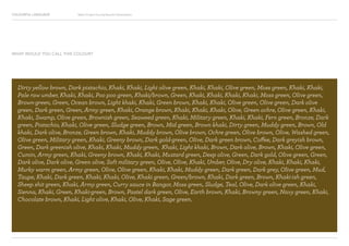 COLOURFUL LANGUAGE Major Project Survey Results Presentation
Dirty yellow brown, Dark pistachio, Khaki, Khaki, Light olive green, Khaki, Khaki, Olive green, Moss green, Khaki, Khaki,
Pale raw umber, Khaki, Khaki, Poo poo green, Khaki/brown, Green, Khaki, Khaki, Khaki, Khaki, Moss green, Olive green,
Brown-green, Green, Ocean brown, Light khaki, Khaki, Green brown, Khaki, Khaki, Olive green, Olive green, Dark olive
green, Dark green, Green, Army green, Khaki, Orange brown, Khaki, Khaki, Khaki, Olive, Green ochre, Olive green, Khaki,
Khaki, Swamp, Olive green, Brownish green, Seaweed green, Khaki, Military green, Khaki, Khaki, Fern green, Bronze, Dark
green, Pistachio, Khaki, Olive green, Sludge green, Brown, Mid green, Brown khaki, Dirty green, Muddy green, Brown, Old
khaki, Dark olive, Bronze, Green brown, Khaki, Muddy brown, Olive brown, Ochre green, Olive brown, Olive, Washed green,
Olive green, Military green, Khaki, Greeny brown, Dark gold-green, Olive, Dark green brown, Coffee, Dark greyish brown,
Green, Dark greenish olive, Khaki, Khaki, Muddy green, Khaki, Light khaki, Brown, Dark olive, Brown, Khaki, Olive green,
Cumin, Army green, Khaki, Greeny brown, Khaki, Khaki, Mustard green, Deep olive, Green, Dark gold, Olive green, Green,
Dark olive, Dark olive, Green olive, Soft military green, Olive, Olive, Khaki, Umber, Olive, Dry olive, Khaki, Khaki, Khaki,
Murky warm green, Army green, Olive, Olive green, Khaki, Khaki, Muddy green, Dark green, Dark grey, Olive green, Mud,
Taupe, Khaki, Dark green, Khaki, Khaki, Olive, Khaki green, Green/brown, Khaki, Dark green, Brown, Khaki-ish green,
Sheep shit green, Khaki, Army green, Curry sauce in Bangor, Moss green, Sludge, Teal, Olive, Dark olive green, Khaki,
Sienna, Khaki, Green, Khaki-green, Brown, Pastel dark green, Olive, Earth brown, Khaki, Browny green, Navy green, Khaki,
Chocolate brown, Khaki, Light olive, Khaki, Olive, Khaki, Sage green.
WHAT WOULD YOU CALL THIS COLOUR?
 