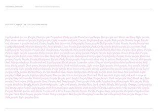 COLOURFUL LANGUAGE Major Project Survey Results Presentation
Light pinkish purple, Purple, Dark purple, Purple/red, Pinky purple, Pastel orange/beige, Pale purple red, Warm red blue, Light purple,
Pale whiter version of purple, Light purple, Light lavender and pink, Cream, Bright medium purple, Pale purple, Browny beige, Purple-
red, Between a purple and red, Violet, Purple, Red brown-ish, Pale purple, Dusty purple, Dull purple, Violet, Purple, Purple/brown/red,
Light purple/pink, Medium purple/red, Pasty purple, Lilac, Purple, Light purple, Pink, Dirty purple, Bright purple, Dusty violet, Red,
Light purple, Purple like, Purple, Dull lilac/purple, Purple/pink, Pale purple slightly greyish/faded, Blue-lilac, Purple, Olive green, Purple,
Purple, Light purple, Lavender, Fishy orange, Dark purple/brown, Deep purple, Purple, Purple, Light purple, Brown, Pale blue, Purple,
Beige purple, Light violet, Milka cow like, Deep red, Dark purple, Aubergine, Dark purple, Purple/pinky, Purple, Pastel purple, Pale blue
purple, Purple, Purple, Purple, Blue/green, Purple, Pinky bluey purple, Purple with white and no yellow, Dark purple, Greyish pink-purple,
Red, Pale purple/blue, Purple and red, Light purple, Bluish purple, Lavender colour, Greyed down pink/muddied pale red-violet, Red/
blue, Pinky purple, Dark green, Purple, Purple/red-ish, Dark reddish purple, Light violet, Light purple, Pink-purple, Pale purple, Muted
pink purple, Light purple, Pale pink/purple, Pinky purple, Rosy brown-pink, Light purple, Light smokey purple with pinkish tones, Light
purple, Dirty purple, Purple/bluey, Purple, Reddish-blue, Taupy light purple, Mid pinky purple, Dark red+ blue, Pale cool lilac, Light
purple, Pinkish purple, Light purple, Purple, Blue purple, Warm dark purple, Dark red, Dark purplish, Light, dull pink with a tinge of
purple, Greyish lavender, Pinkish purple, Purple, Purple, pink, bright, Purple/blue, Purple brown, Dark red-purple, Red, Bluish red, Pale
purple, Dark brown, Milky purple, Grey, Purple, Red, Deep purple, Dark purple, Pale pink, Purpley blue, Blue-purple, Mid purple, Pinky
russet, Red/blue, Bright, Purple, Dark red-purple, Light pink purple, Purpley blue, Dark purple, Purple, Mid purple, Orange, Dark purpley
red, Pale purple, Purple, Light purple, Dark browny purple, Light purple, Dark purple red, Pink, Light purple, Pinky purple, Pale purple,
Purple, Reddish purple with black, Purple with a bit of brown, Purple, Purple, Purple, Purple, Deep pink-purple, Purplish, Purple colour,
Purple, Dark, Red, Browny purple, Violet, Pale purple/pink, Red/purple, Blue/grey/lavender (as in the plant), Pale purple, Beige, Lilac,
Pale purple, Light purpley-blue.
DESCRIPTIONS OF THE COLOUR TERM MAUVE
 