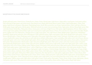 COLOURFUL LANGUAGE Major Project Survey Results Presentation
Bright yellowish green, Green-brown, Green/brown, Green, Green, Pastel green, Light brown, Light yellow toned green, Dark green-yellow,
Pale relatively bright green with white tones, Chocolate brown, Bright dark forest electric green, Green, Light bright green, Green, Pale
green, Light brown and green, Pale green, Green/grey/cream, Green like a pistachio nut, Green, Lightish green colour with hint of brown,
Sickly green beige, Light green, Murky green, Yellowish-whitish ice cream nuts something, Green, Light green, Brown, Pastel/light green, Nut
coloured, Green, Green/blue, Pale green, Green, Grass green with hints of light brown, Pale green, Light beige/green, Brown, Warm green,
Green, Light minty green, Green/white, Light warm-toned green, Light green-brown, Cream, It’s a nut, but its colour is greenish, Blue, Bright
green, Lighter than teal, Pale green, Orangey brown, Light minty green, Very light brown, Green, Bright green, Light brown, Pale/green/
pastellish, Bright green yellowish, Pale yellow/green, Light yellowish green, Light warm green, Light green, Bright lime, Light green, Green/
brown, Muddy green, Green, Pastel pea green, Pale green, Pale green, Light green-white, Green, Greenish, Vivid light green, Pale browny
cream, Bright yellow green but with white as well, Light brown, Bright yellow-green, Cyan and yellow, Pale yellow with a bit of brown, Brown,
Fresh light green with a hint of blue, Bright light green, Olive-y green, Pale dusty yellow-green, Pale yellow green, Green-yellow, Olive green,
Pale green, Pale pastel green, Pastel green, Light olive green, Bright light green, Pale watery green with a hint of grey, Light vivid green,
Brownie/purple, Bright green almost white, Light soft green, Medium yellow-green, Light green, Fresh clean light green with a yellow tinge,
Light green with a hint of blue, Yellowy green, Yellowy green, Pale green, Pale yellowish-green, Pale yellow-green, Yellow/lime green, Green,
Light bright yellow-green, Light bright green + yellow, Light brown, Light creamy pale green, Light green, Very light green shade, Creamy
white, Green, Light brown, Pale green, Green, Light green, Light mint green, Greenish beige, Light green yellow, Light green, A type of light
green, Green, brown, medium, Green, Yellow green, Green, Green, Pale light green, Medium green-brown, Green, Yellowy brown, Green, Pale
green, Green, Light green, Pale green, Yellow green, Dull green, Non-descript brown, Light green, Light green, Green, Green, Brown, Pale
green, Green, Greeny brown, Light bright green, Green, Green, Green, Light pale green, Light green, Green, Light green, Sandy, Bright green,
Pale green, Light green, Green, Pale greeny brown, Bright green, Light green, Low saturated green blue tones, Green with a bit of brown,
muddy green, Yellowy green pale, Light green, Light green, Green, Green-yellow, Pale green, Green, Green, Green, Green, Light green, Green,
Dull green, Light green, The green bit inside a pistachio nut cream, Green-yellow, Green-yellow, Yellow-green, Bright light green.
DESCRIPTIONS OF THE COLOUR TERM PISTACHIO
 