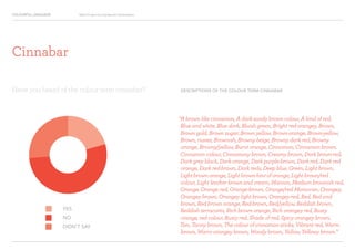 COLOURFUL LANGUAGE Major Project Survey Results Presentation
DESCRIPTIONS OF THE COLOUR TERM CINNABAR
“A brown like cinnamon, A dark sandy brown colour, A kind of red,
Blue and white, Blue dark, Bluish green, Bright red-orangey, Brown,
Brown gold, Brown sugar, Brown yellow, Brown-orange, Brown-yellow,
Brown, russet, Brownish, Browny beige, Browny dark red, Browny
orange, Browny/yellow, Burnt orange, Cinnamon, Cinnamon brown,
Cinnamon colour, Cinnamony brown, Creamy brown, Dark brown-red,
Dark grey black, Dark orange, Dark purple-brown, Dark red, Dark red
orange, Dark red-brown, Dark reds, Deep blue, Green, Light brown,
Light brown orange, Light brown-hint of orange, Light brown/red
colour, Light leather brown and cream, Maroon, Medium brownish red,
Orange, Orange red, Orange-brown, Orange/red Moroccan, Orangey,
Orangey brown, Orangey light brown, Orangey-red, Red, Red and
brown, Red brown orange, Red-brown, Red/yellow, Reddish brown,
Reddish terracotta, Rich brown orange, Rich orangey red, Rusty
orange, red colour, Rusty red, Shade of red, Spicy orangey brown,
Tan, Tanny brown, The colour of cinnamon sticks, Vibrant red, Warm
brown, Warm orangey brown, Woody brown, Yellow, Yellowy brown.”
YES
NO
DIDN’T SAY
Have you heard of the colour term cinnabar?
Cinnabar
 