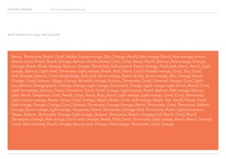 COLOURFUL LANGUAGE Major Project Survey Results Presentation
Peach, Terracotta, Peach, Coral, Amber, Sunset orange, Skin, Orange, Peach, Pale orange, Peach, Pale orangey brown,
Peach, Coral, Peach, Peach, Orange, Apricot, Peach, Pastel, Coral, Coral, Peach, Peach, Salmon, Pale orange, Orange,
Orange, Peach, Nude, Orange, Salmon, Orange, Terracotta, Salmon pink, Peach, Orange, Flesh pink, Peach, Peach, Light
orange, Apricot, Light coral, Terracotta, Light orange, Peach, Pink, Peach, Coral, Pastelly orange, Coral, Tan, Coral,
Ash, Orange, Salmon, Coral, Nude/beige, Pale pink, Burnt orange, Peach, Bricky, Burnt orange, Skin, Orange, Peach,
Orange, Coral, Salmon, Ginger, Orange, Brownish orange, Salmon, Terracotta, Coral, Caramel, Orange, Coral, Light
tan, Salmon, Orange peach, Orange, Orange, Light orange, Dual coral, Orange, Light orange, Light brown, Peach, Coral,
Light terracotta, Salmon, Coral, Cinnamon, Coral, Coral, Orange, Light orange, Peach, Salmon, Pale orange, Salmon
pink, Peach, Tangerine, Coral, Peach, Coral, Peach, Pulp, Peach, Light orange, Light orange, Coral, Coral, Terracotta,
Light creamy orange, Peach, Citrus, Coral, Orange, Peach, Peach, Coral, Soft orange, Peach, Tan, Peach, Peach, Coral,
Pale orange, Orange, Orange, Coral, Salmon, Terracotta, Orange, Orange, Peach, Terracotta, Coral, Terracotta, Salmon,
Orange, Burnt orange, Light orange, Tangerine, Peach, Terracotta, Orange, Pink, Terracotta, Peach, Light terracotta,
Taupe, Salmon, Terracotta, Orange, Light orange, Salmon, Terracotta, Peach, Orangey/red, Peach, Coral, Peach,
Terracotta, Orange, Pale orange, Dark coral, Orange, Peach, Pink, Coral, Terracotta, Light orange, Peach, Peach, Tanned,
Coral, Skin coloured, Peach, Orange, Peachy pink, Orange, Pink-orange, Terracotta, Coral, Orange.
WHAT WOULD YOU CALL THIS COLOUR?
 