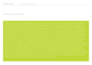 COLOURFUL LANGUAGE Major Project Survey Results Presentation
Yellow green, Acid green, Lime, Pistachio, Lime green, Lime, Lime green, Lime, Lime, Lime green, Light green, Pale ochre
and a little raw umber, Lime, Pistachio green, Light green/yellow/moss green, Lime green, Lime green, Chartreuse, Lime,
Light green, Apple green, Pale lime green, Bogey green, Lime green, Citrine, Green baby blur, Green, Lime yellow, Lime,
Citrus green, Grape, Lime, Lime green, Yellow-green, Lime, Medium olive green, Pale green, Lime green, Pea green, Lemon
green, Acid green, Lime, Fluorescent green, Chartreuse, Apple green, Green, Yellow-green, Chartreuse, Lime green, Dull
lime, Yellow, Leaf green, Lime, Lime, Greenish yellow, Lime green, Lime green, Leafy green, Pea green, Citrine, Lime, Lime
green, Lime, Yellow-green, Lime green, Yellow, Lime, Light green, Tarragon, Lime, Lime green, Yellow green, Muddy yellow,
Lime, Lime green or chartreuse, Khaki yellow, A yellow pistachio, Light lime, Dark yellow, Lime, Lime green, Lime, Lime,
Light green, Lemon green, Lime, Light green, Lime green, Lime, Lime green, Lime, Lime green, Yellow-lime, Bright yellow,
Pistachio green, Citrine, Lime, Lime green, Bright yellow green, Chartreuse, Chartreuse, Lime green, Leaf green, Lime
green, Lime, Lime green, Lime, Lime, Apple green (granny smith), Citrine, Lime, Pistachio green, Lime green, Citrine, Lime
green, Lime green, Yellowish green, Yellow, Lime, Citrus, Green, Dirty yellow, Chartreuse, Yellow green, Phosphoric, Mango,
Pistachio, Lime, Lime green, Yellow green, Yellow-green, Lime, Pale lime, Lime green, Green, Lime green, Lettuce green,
Lime, Lime, Pistachio, Lime green, Lime green, Lime green, Lime green, Lime, Lime green, Lime, Lime green, Lime, Lime
green, Lime, Lime, Lime green, Lime green, Lime green, Lime green, Light yellow, Lime green, Lime green, Baby sick green,
Lime green, Lime green, Birmingham in the 1970s, Lime green, Lime green, Citrus/lime, Lime, Pale green, Lime green, Light
green, Light yellow, Pea green, Pistachio green, Pea, Lime green, Lime, Lime, Lime, Lime green, Bright green, Lime green,
Lime green, Dirty yellow, Lime, Lemon-green, Lime green, Pale green, Citron.
WHAT WOULD YOU CALL THIS COLOUR?
 