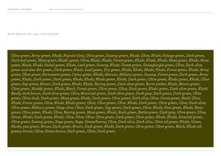 COLOURFUL LANGUAGE Major Project Survey Results Presentation
Olive green, Army green, Khaki, Payne’s Grey, Olive green, Swamp green, Khaki, Olive, Khaki, Foliage green, Dark green,
Dark leaf green, Moss green, Khaki- green, Olive, Khaki, Khaki, Forest-green, Khaki, Khaki, Khaki, Moss green, Khaki, Moss
green, Black, Khaki, Faded green, Khaki, Leaf green, Swamp, Khaki, Forest green, Grass/jungle green, Olive, Dark olive
green and also dirt green, Dark green, Khaki, Leaf green, Dry green, Khaki, Khaki, Khaki, Khaki, Forest green, Khaki, Army
green, Olive green, Permanent green, Camo green, Khaki, Maroon, Military green, Swamp, Forest green, Dark green, Army
green, Khaki, Dark green, Dark green, Khaki, Khaki, Khaki green, Khaki, Dark green, Olive green, Khaki green, Khaki, Olive
green, Sap green, Brown, Dark green, Khaki, Khaki, Racing green, Dark olive green, Burnt umber, Khaki, Brown green,
Olive green, Muddy green, Khaki, Black, Forest green, Olive green, Olive, Dark green, Khaki green, Dark olive green, Khaki,
Really dark brown, Dark-olive-green, Olive, Brownish green, Dark olive green, Dark grey, Dark green, Dark green, Olive
green, Olive drab, Dark green, Moss green, Khaki, Dark green, Olive green, Dark olive, Olive, Grass green, Basil, Olive,
Khaki, Forest green, Olive, Khaki, Khaki green, Olive, Olive green, Olive, Khaki, Dark green, Olive green, Olive, Dark olive,
Olive green, Military green, Deep olive, Olive, Dark green, Sap green, Dark green, Olive, Khaki, Pine green, Khaki, Moss
green, Olive green, Khaki, Olive, Racing green, Moss green, Khaki, Rush green, Bottle green, Dark grey, Olive green, Olive,
Green, Khaki, Dark green, Khaki, Olive, Olive, Olive, Olive green, Dark green, Olive green, Khaki, Khaki, Emerald green,
Olive green, Swamp green, Sage green, Sage, Green/henna, Olive, Dark olive, Dark olive, Olive oil green, Khaki, Green,
Mushy pea green, Brown, Dark green, Brown, Dark green, Khaki, Dark green, Olive green, Olive green, Black, Khaki-ish
greeny brown, Olive, Green-brown, Dark green, Olive, Dark green.
WHAT WOULD YOU CALL THIS COLOUR?
 