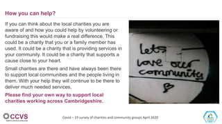 Covid – 19 survey of charities and community groups April 2020
How you can help?
If you can think about the local charitie...