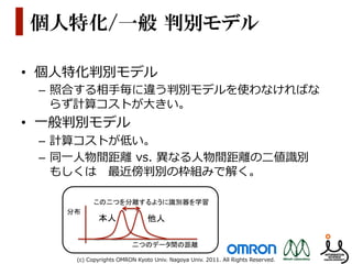 個人特化/一般  判別モデル

•  個⼈人特化判別モデル
 –  照合する相⼿手毎に違う判別モデルを使わなければな
    らず計算コストが⼤大きい。
•  ⼀一般判別モデル
 –  計算コストが低い。
 –  同⼀一⼈人物間距離離  vs.  異異なる⼈人物間距離離の⼆二値識識別 　
    もしくは 　最近傍判別の枠組みで解く。

             この二つを分離するように識別器を学習	
     分布	
               本人	
                 他人	

                             二つのデータ間の距離	

       (c)  Copyrights  OMRON  Kyoto  Univ.  Nagoya  Univ.  2011.  All  Rights  Reserved.
 