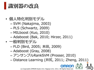 識別器の改良

•  個⼈人特化判別モデル
 –  SVM  (Nakajima,  2003)
 –  PLS  (Schwartz,  2009)
 –  MILboost  (Kuo,  2010)
 –  Adaboost  (Bak,  2010;  Hirzer,  2011)
•  ⼀一般判別モデル
 –  FLD  (Bird,  2005;  本⽥田,  2009)
 –  Adaboost  (Gray,  2008)
 –  アンサンブルRankSVM  (Prosser,  2010)
 –  Distance  Learning  (井尻,  2011;  Zheng,  2011)

       (c)  Copyrights  OMRON  Kyoto  Univ.  Nagoya  Univ.  2011.  All  Rights  Reserved.
 