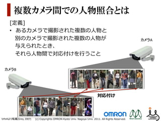 複数カメラ間での人物照合とは
      [定義]
      •  あるカメラで撮影された複数の⼈人物と
       　別のカメラで撮影された複数の⼈人物が                                                                                        カメラA	
       　与えられたとき、
       　それら⼈人物間で対応付けを⾏行行うこと

  カメラB	




                                                                                     対応付け




VIPeRより転載(Grey,	
  2007)	
   (c)  Copyrights  OMRON  Kyoto  Univ.  Nagoya  Univ.  2011.  All  Rights  Reserved.
 