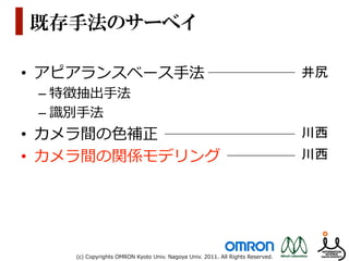 既存手法のサーベイ

•  アピアランスベース⼿手法                                                                           井尻	
 –  特徴抽出⼿手法
 –  識識別⼿手法
•  カメラ間の⾊色補正                                                                              川西	
•  カメラ間の関係モデリング                                                                           川西	




     (c)  Copyrights  OMRON  Kyoto  Univ.  Nagoya  Univ.  2011.  All  Rights  Reserved.
 