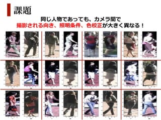 課題
     同じ⼈人物であっても、カメラ間で
撮影される向き、照明条件、⾊色校正が⼤大きく異異なる！




     (c)  Copyrights  OMRON  Kyoto  Univ.  Nagoya  Univ.  2011.  All  Rights  Reserved.
 